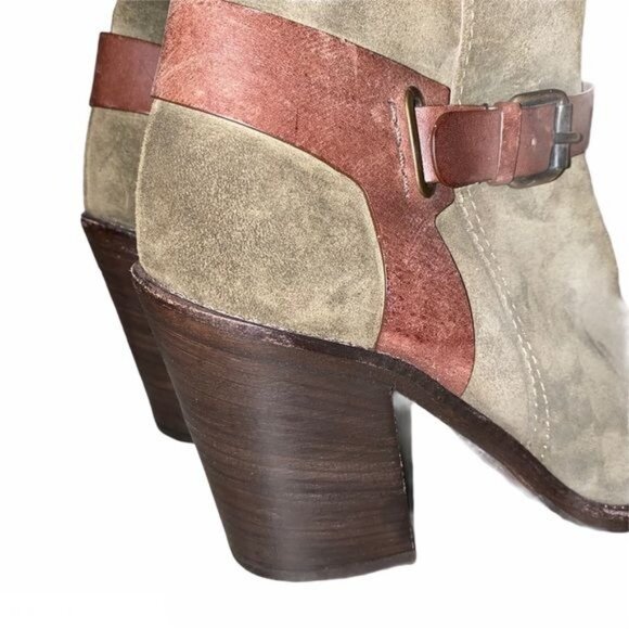 Aquatalia Womens 9.5 Olive Green Suede Heeled Booties Brown Leather Ankle Strap - Picture 4 of 11